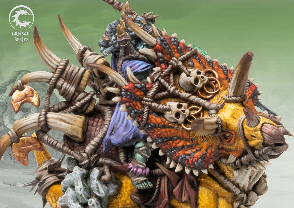Extreme close-up detail of the Thunder Chieftain's dinosaur mount, focusing on the ornate skull trophies, layered horns, and patterned skin.
