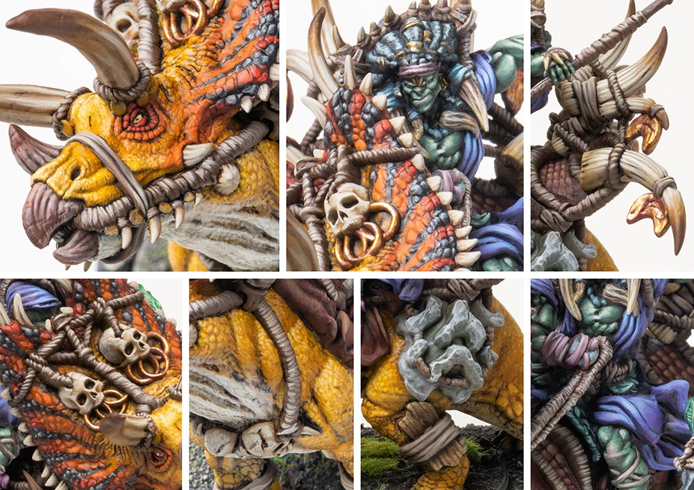 Collage of close-up details on the Thunder Chieftain's mount, highlighting the large horns, skull ornaments, and the intricate rope and bone saddle.