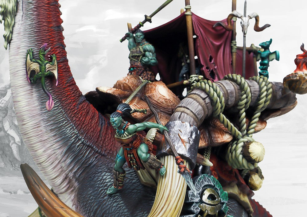 Close-up of the Tontorr's neck and tribal crew, highlighting the detailing on the massive dinosaur, the tribal ropes, and the W'adrhŭn handlers on the saddle.