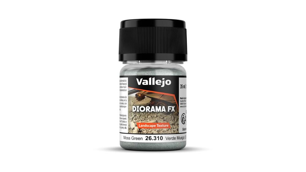 A 35ml jar of Vallejo Diorama Effects Moss Green, a fine landscape texture material for creating realistic mossy ground effects.