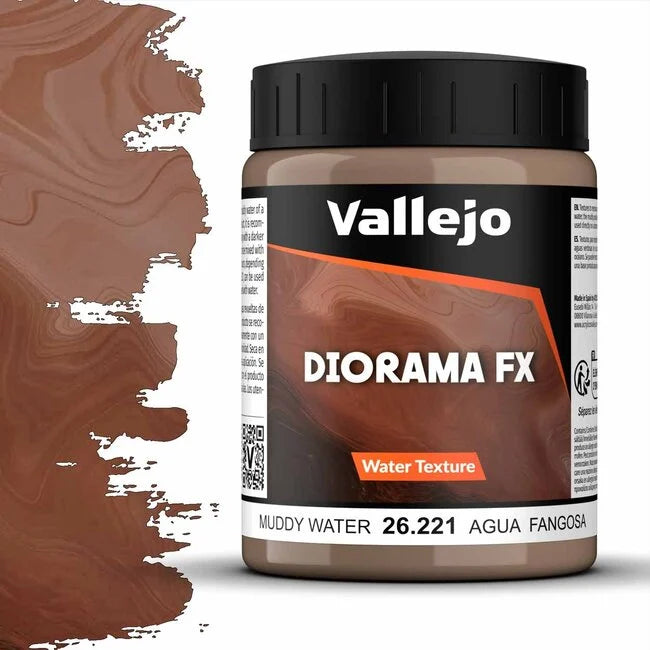 A 200ml jar of Vallejo Diorama Effects Muddy Water, a dense brown gel for creating realistic muddy water on models and scenery.