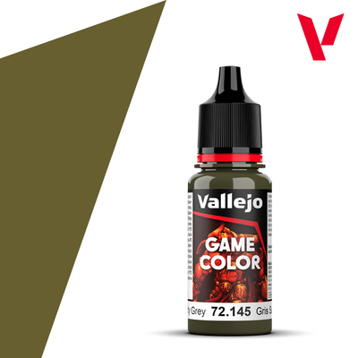 An 18ml bottle of the new Vallejo Game Color acrylic paint in the colour Dirty Grey (72.145).
