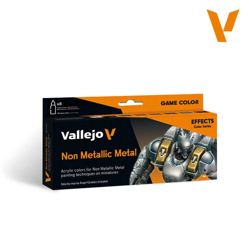 Vallejo Game Color Non Metallic Metal NMM 8 colour paint set retail box packaging featuring a step-by-step miniature painting guide by Angel Giraldez.