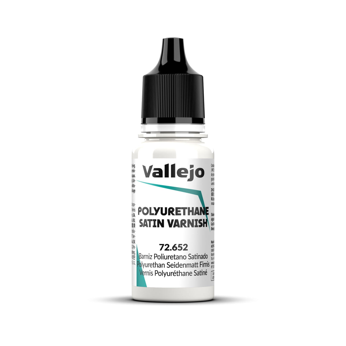 An 18ml bottle of Vallejo Polyurethane Satin Varnish (72.652), a protective coat for miniatures.