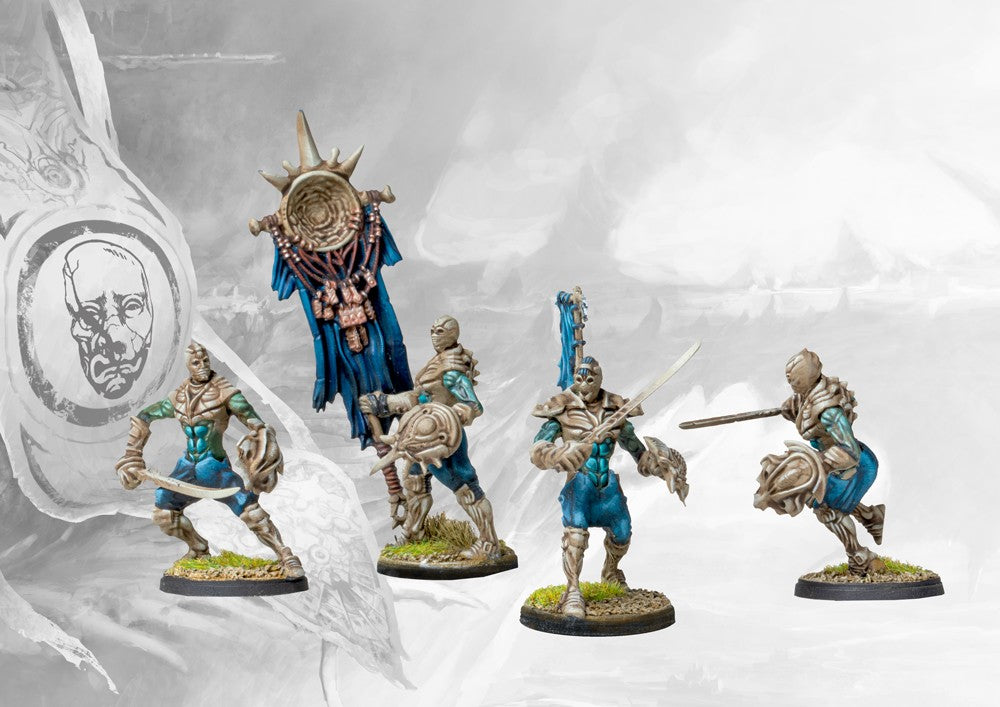 Four individual, painted Spires Vanguard Clones miniatures in dynamic combat poses, representing the superior clone strain of the Spires military.