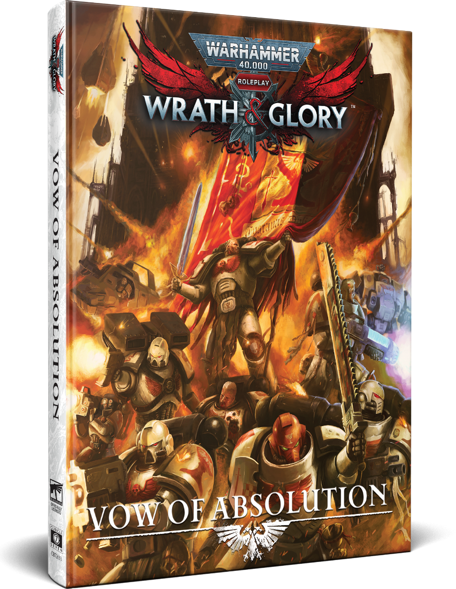 Front cover of the Vow of Absolution sourcebook for Warhammer 40,000 Roleplay: Wrath & Glory, featuring a Space Marine of the Absolvers Chapter.