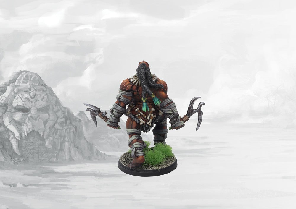 Rear view of the painted W'adrhŭn Aberration miniature, showing the braided hair, bone war gear, and hooked Lethal Demise weapons.
