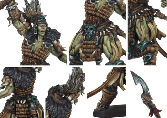 Close-up detail shots of the W'adrhŭn Apex Queen, highlighting the ferocious expression, ritualistic bone armor, and feathered headdress.