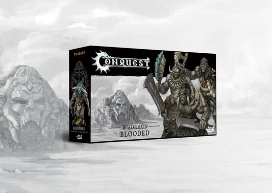 Box art for the Conquest: W'adrhŭn Blooded Dual Kit, featuring fierce medium infantry and highlighting the option to build either Blooded or Braves regiments.