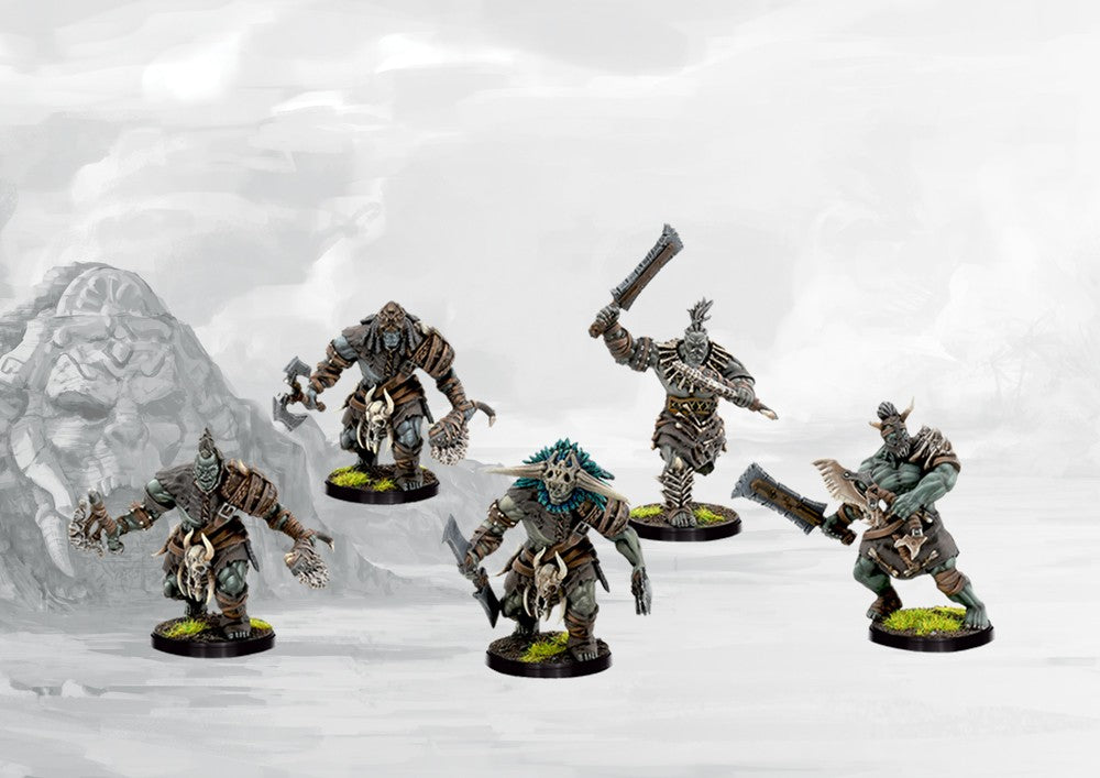 Four individual W'adrhŭn Blooded miniatures in various dynamic poses, equipped with large, crude melee weapons.