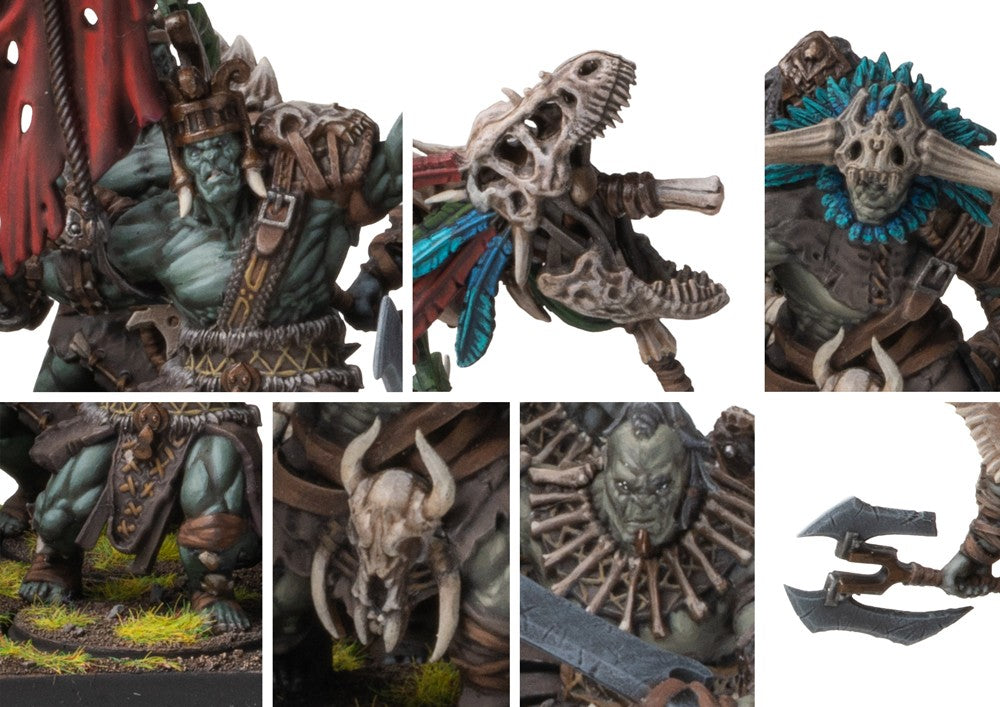Close-up detail shots of the W'adrhŭn Blooded and Braves miniatures, focusing on the orc-like faces, bone and leather armor, and tribal headpieces.