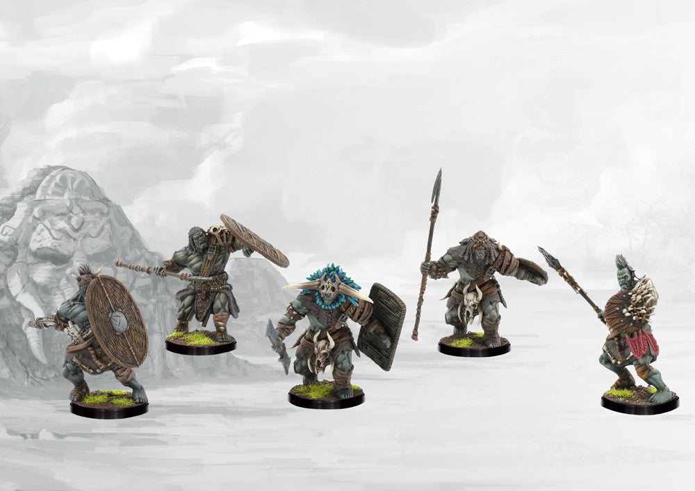Five individual, painted W'adrhŭn Braves miniatures in various defensive poses, equipped with shields and simple melee weapons.