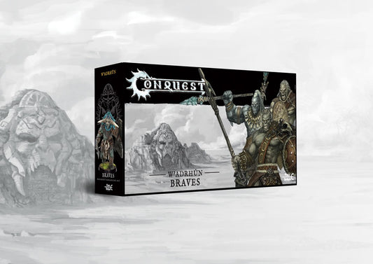 Box art for the Conquest: W'adrhŭn Braves Dual Kit, featuring medium line infantry models. This set can also build Blooded veterans.