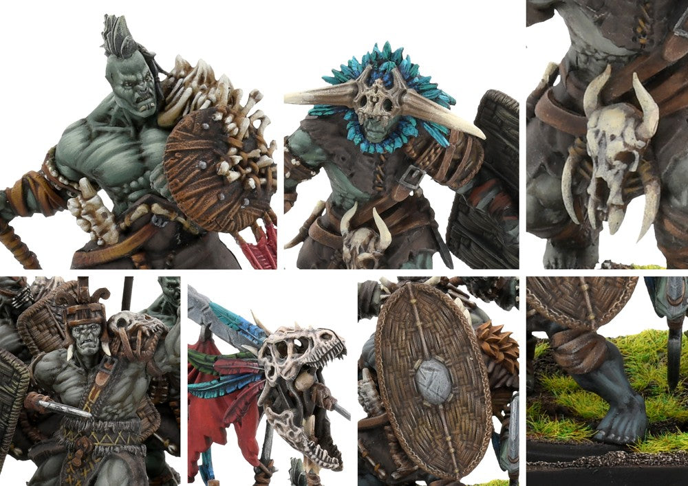 Close-up detail shots of the W'adrhŭn Braves and Blooded miniatures, highlighting the bone masks, horned skull trophies, and basic defensive equipment.