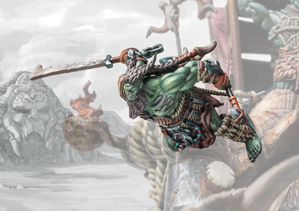 Fully painted W'adrhŭn Chieftain alternate sculpt (plastic) in a dynamic mid-air pose, wielding a massive sword and designed for the Tontorr mount.