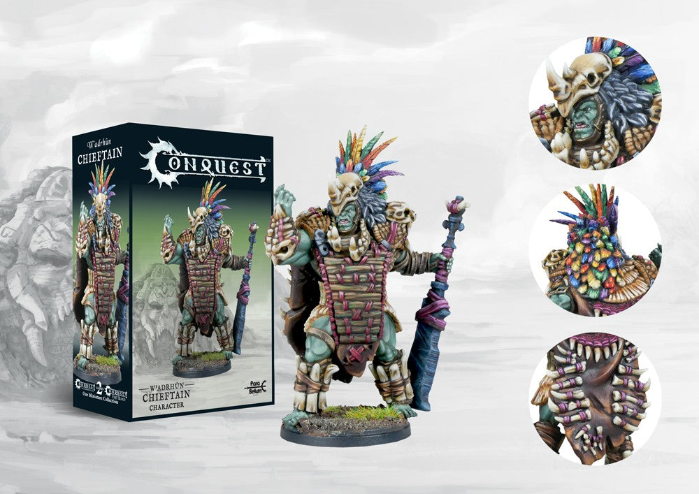 Box art and painted Conquest W'adrhŭn Chieftain character model, showcasing the tribal commander who leads W'adrhŭn raids and military campaigns.