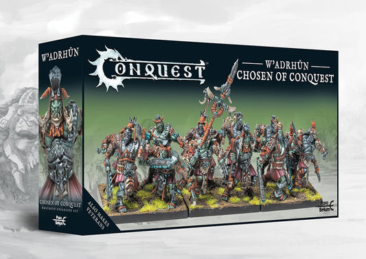 Box art for the Conquest: W'adrhŭn Chosen of Conquest Regiment Expansion Set. This dual kit also builds the Veterans unit, providing elite, heavy infantry options.