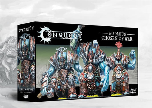 Box art for the Conquest: W'adrhŭn Chosen of War Brute Expansion Set, featuring three massive heavy brute infantry miniatures in fused, metal-plated armor.