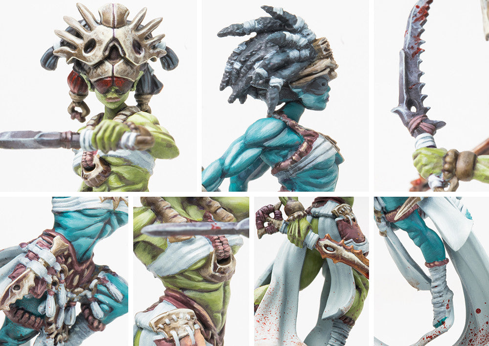 Close-up detail shots of the Chosen of Death miniature, focusing on the stylized bone masks, superhuman senses, and intricate details of the weapons and armor.