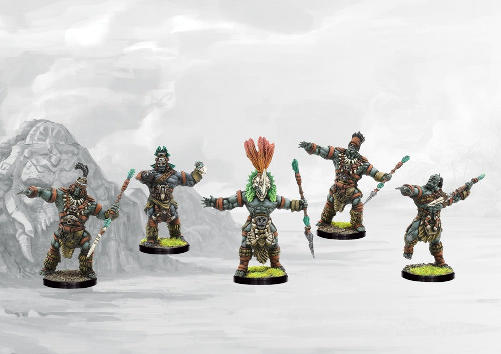 Five individual painted W'adrhŭn Hunters miniatures, showcasing the unique tribal masks and light armor of the Hunter Caste.