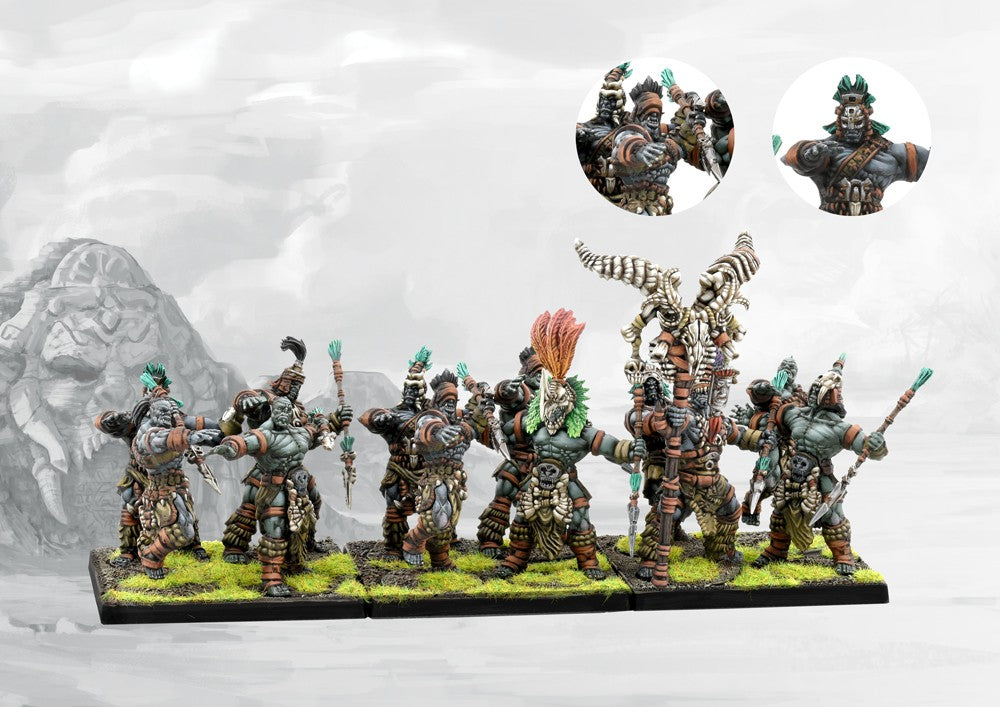 A fully painted regiment of W'adrhŭn Hunters (Light Infantry), displaying the spear-throwing models in tribal gear with their unique command standard.