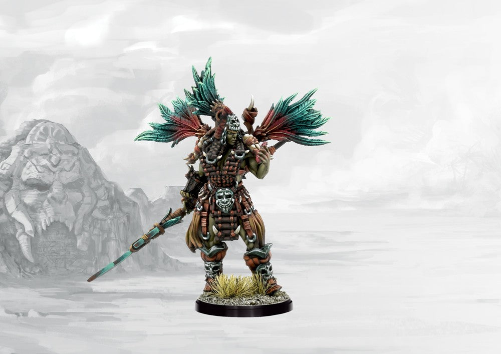 Fully painted Matriarch Queen character miniature for Conquest: The W'adrhŭn, a peerless female warrior and tribal leader with feathered shoulder ornaments and deadly close-combat weapons.