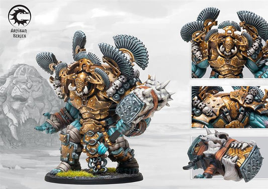 Close-up details of the Scion of War resin miniature, highlighting the golden brass armor, tribal skull trophies, and massive spiked war hammer.