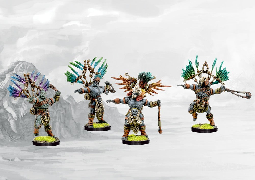 Four fully painted W'adrhŭn Slingers miniatures, showcasing the ornate feathered and bone battle standards and light infantry armor.
