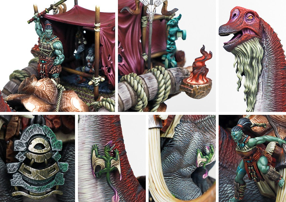 Close-up details of the Tontorr's crew and war-saddle, showing tribal iconography, ritual fire, and weapons carried by the W'adrhŭn handlers.
