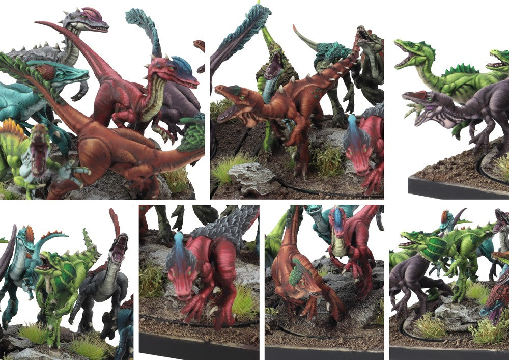 Close-up collage of the Hunting Pack models, highlighting the variety of dinosaur sculpts and their fierce, primal expressions.