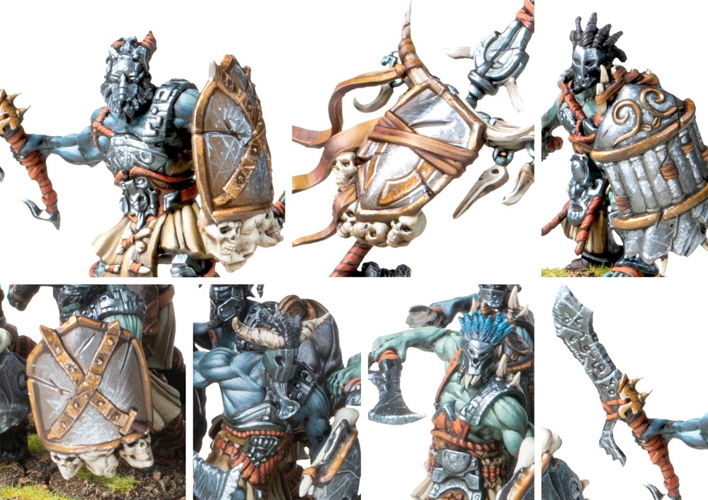 Close-up details of the Thunder Riders, emphasizing the dinosaur's textured skin, large horns, tribal saddles, and the muscular W'adrhŭn riders.