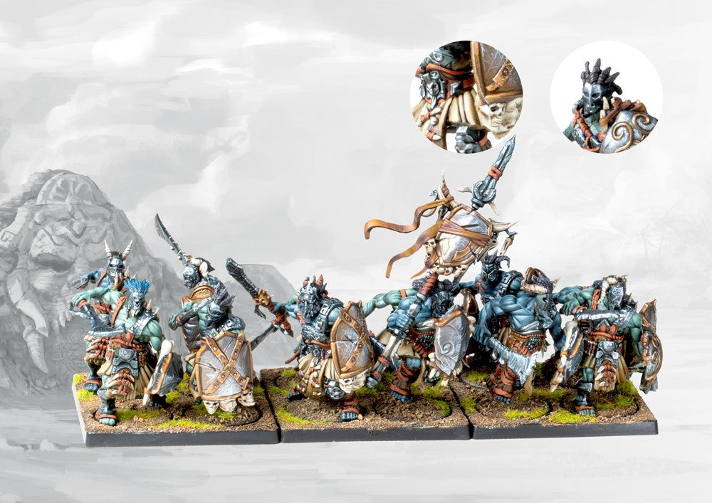 A fully painted regiment of W'adrhŭn Thunder Riders, showcasing the three dinosaur mounts and their orc-like riders ready for a debilitating charge.