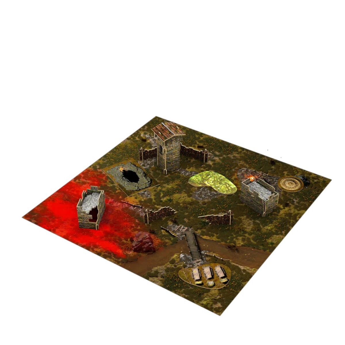 Fully painted Assail Borderlands terrain pieces and scenery elements laid out for tabletop play.