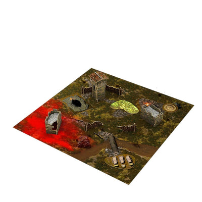Fully painted Assail Borderlands terrain pieces and scenery elements laid out for tabletop play.