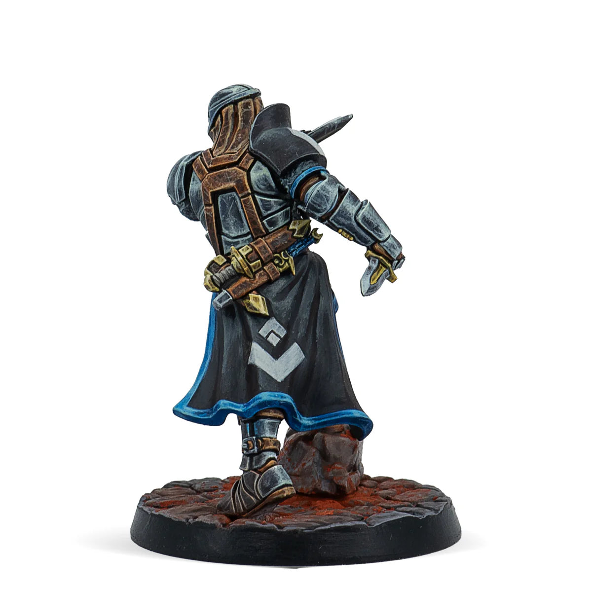 A rear view of the exclusive painted Syzigian miniature, showcasing its black and blue surcoat.