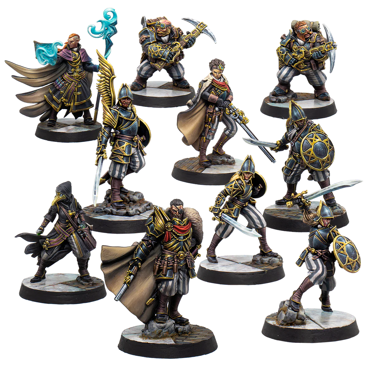 A group shot of the 10 painted miniatures from the Warcrow Hegemony Action Pack.