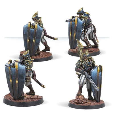 Fully painted Hegemony Black Legion Arquebusiers miniatures aiming firearms on scenic bases.