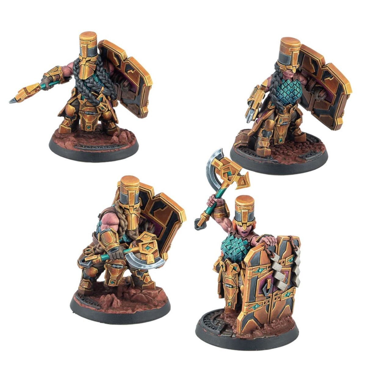 Fully painted Mounthaven Hearthguards miniatures equipped with heavy armor and weapons on scenic bases.