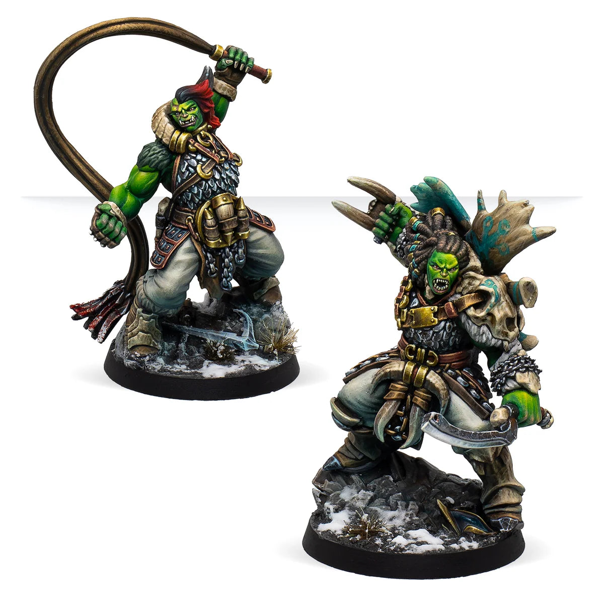 Fully painted Northern Tribes Orc Officers miniatures displayed on tactical scenic bases.