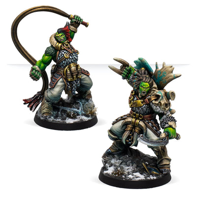Fully painted Northern Tribes Orc Officers miniatures displayed on tactical scenic bases.