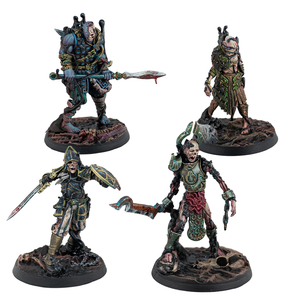 A group shot of the 4 painted miniatures from the Warcrow Scions of Yaldabaoth Husks set.