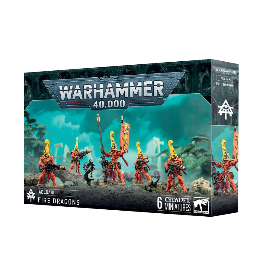 Box art for Warhammer 40,000 Aeldari Fire Dragons, showing five painted bright orange and yellow aspect warrior miniatures holding fusion weapons.