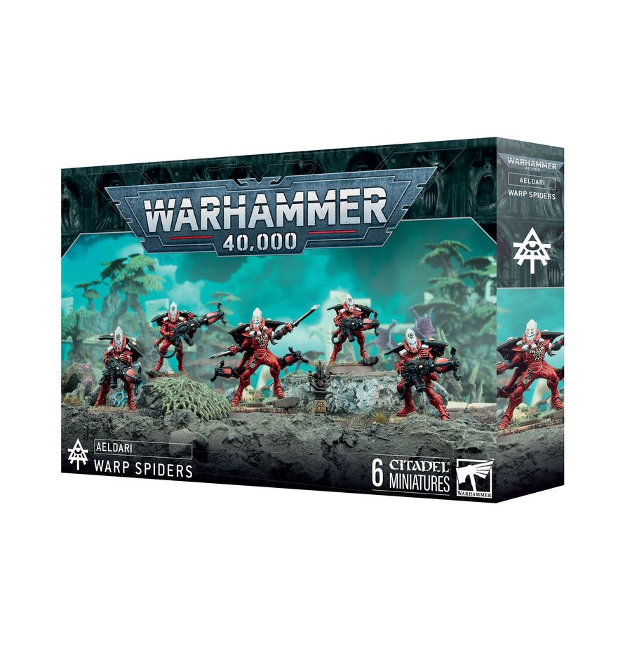 Box art for Warhammer 40,000 Aeldari Warp Spiders, showing five painted red and bone-white aspect warrior miniatures with jump generators.