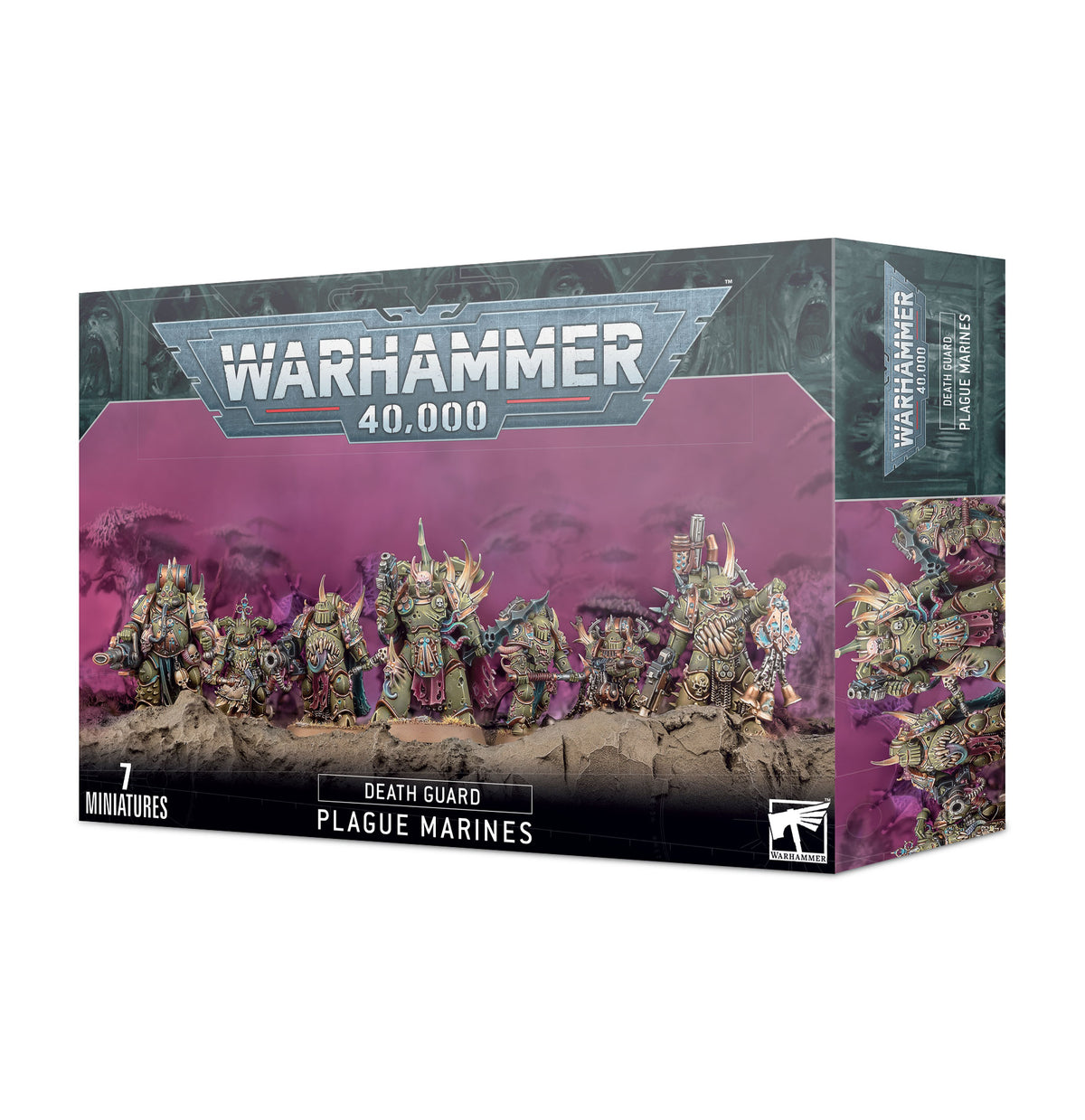 Box art for Warhammer 40,000 Death Guard Plague Marines, showing seven uniquely mutated, Nurgle-blessed painted miniatures.