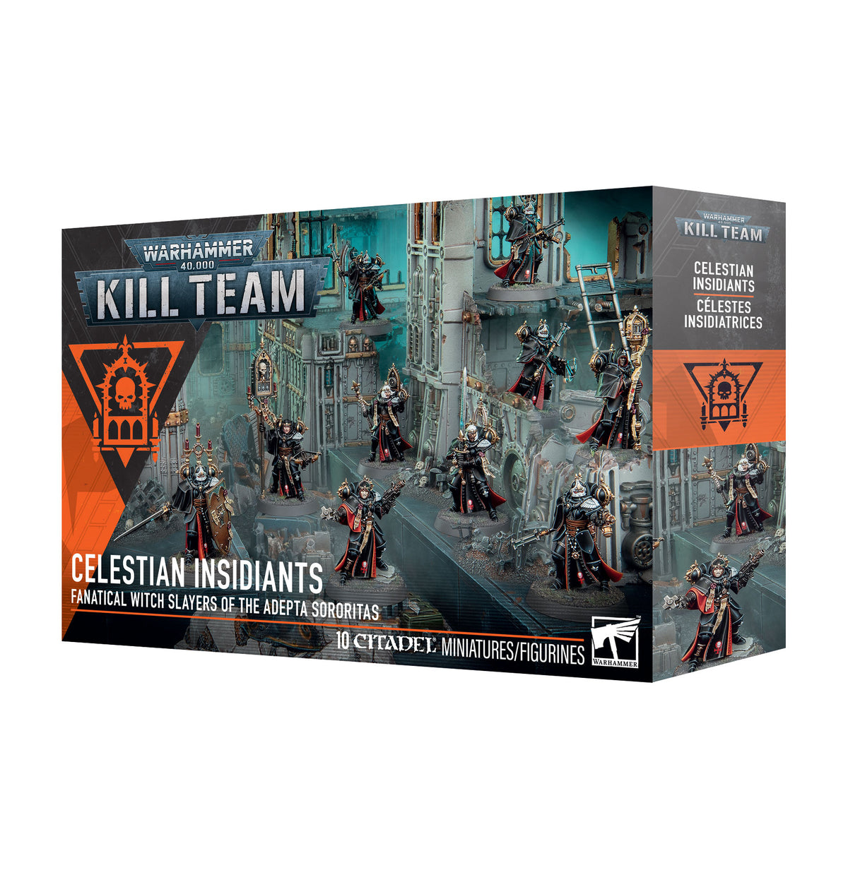 Box art for Warhammer 40,000 Kill Team: Celestian Insidiants, showing 10 painted Adepta Sororitas witch-slayer miniatures on gothic cathedral terrain.