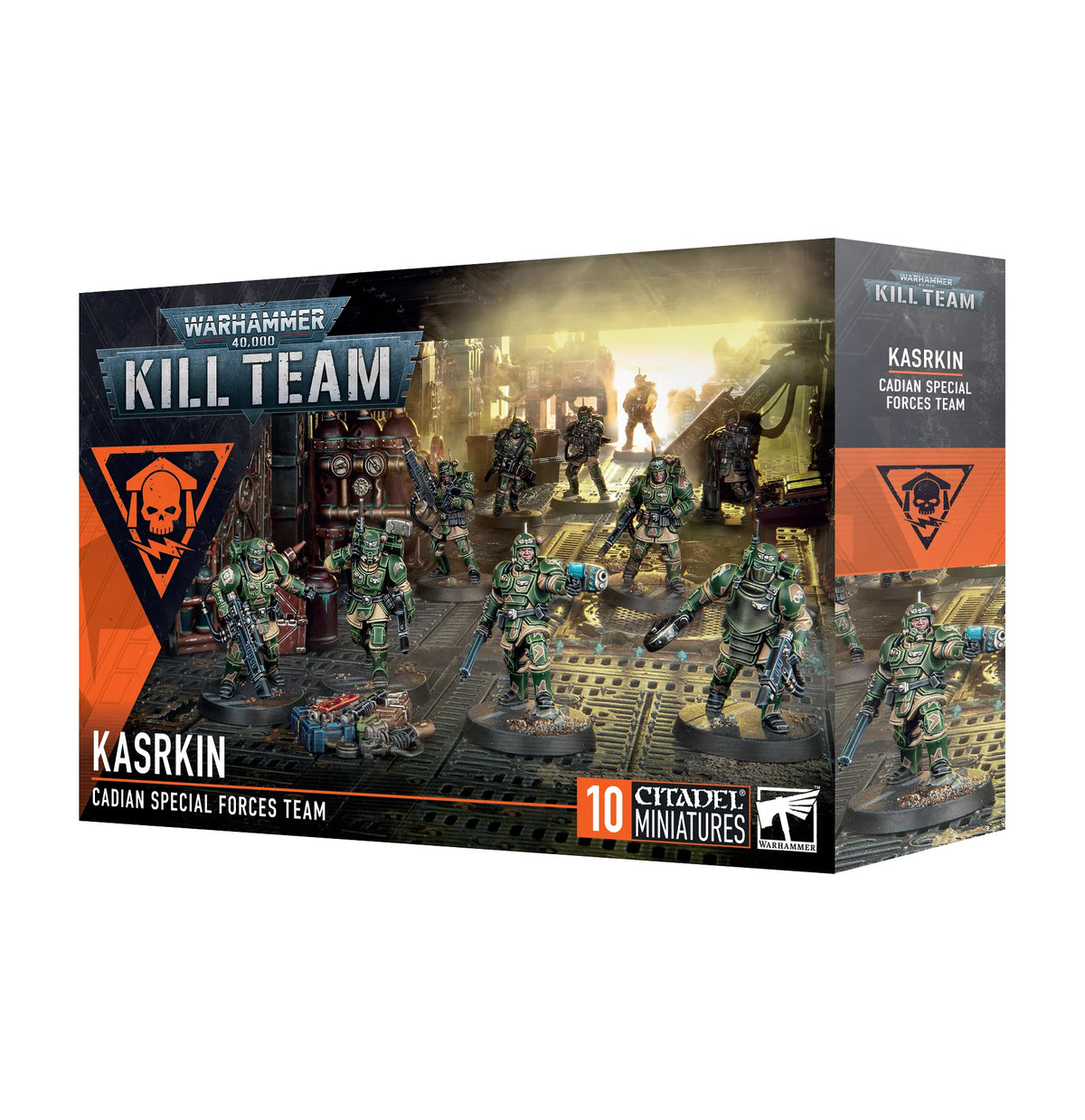 Box art for Warhammer 40,000 Kill Team: Kasrkin, showing 10 painted green and camo Cadian special forces miniatures in a heavily detailed facility.