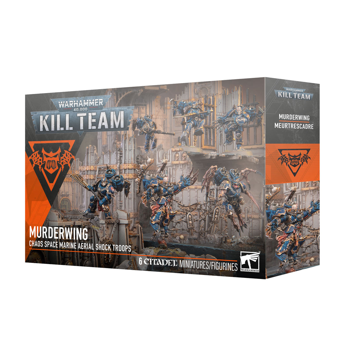 Box art for Warhammer 40,000 Kill Team: Murderwing, showing six painted Chaos Space Marine miniatures with jump packs.