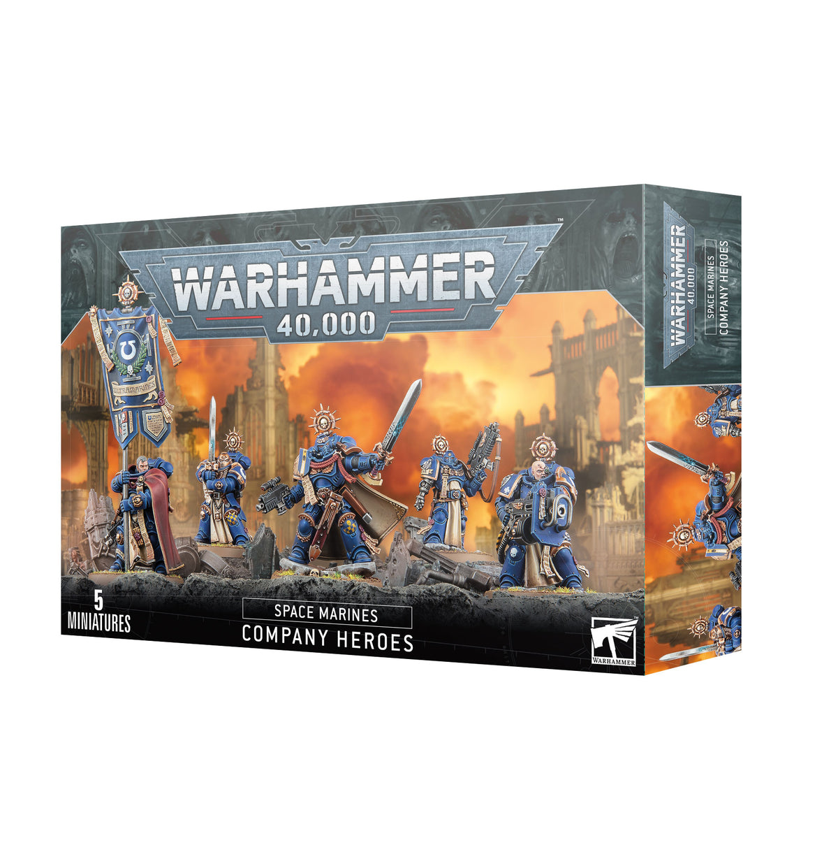 Box art for Warhammer 40,000 Space Marines Company Heroes, showing a painted Captain miniature and his four elite retinue specialists holding an ornate banner and weapons.