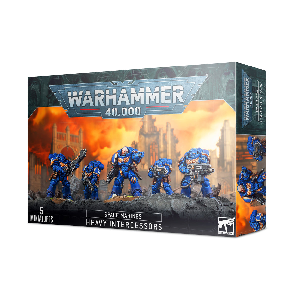 Box art for Warhammer 40,000 Space Marines Heavy Intercessors, showing five painted blue Primaris miniatures armed with heavy bolt rifles.