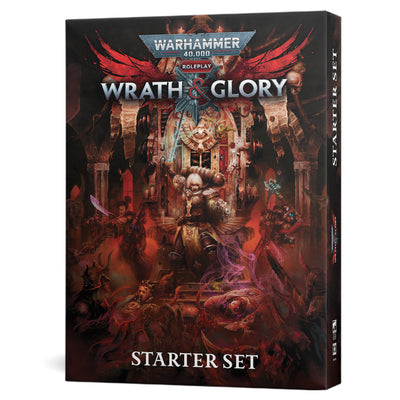 Warhammer 40k Wrath and Glory RPG Starter Set core box cover art featuring a Sister of Battle and Tech-Priest. Christchurch, NZ.